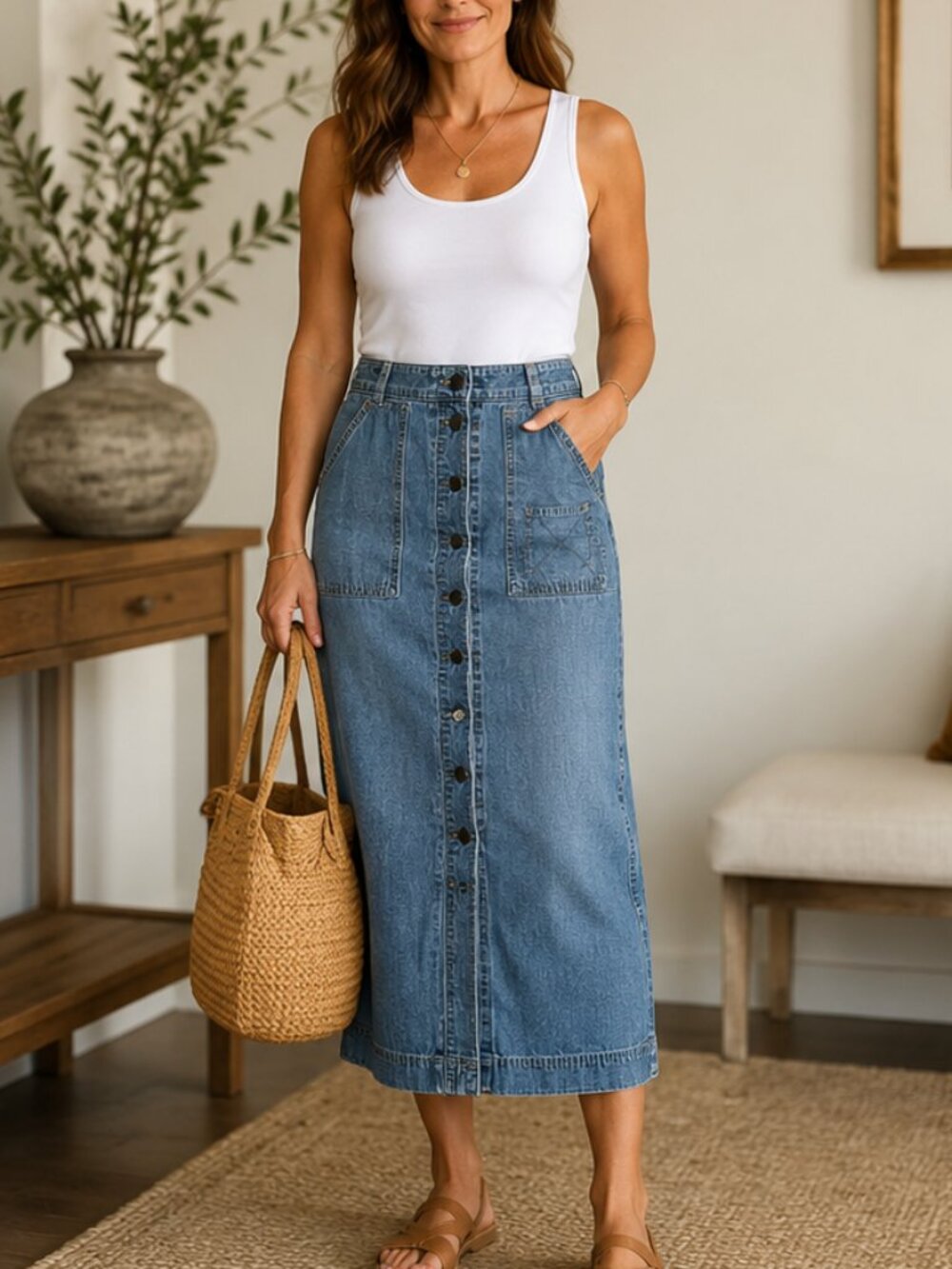 Ralph Lauren Blue Denim Button-Front Midi Skirt With Pockets